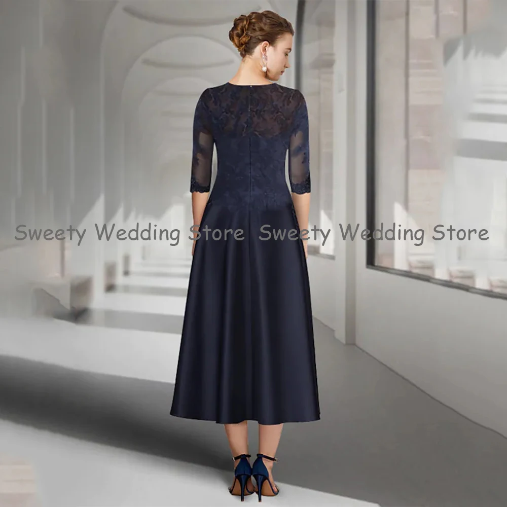 Jiayigong Navy Mother of The Bride Dress O Neck 3/4 Sleeves Lace Tea Length Wedding Party Dresses Guest Gowns