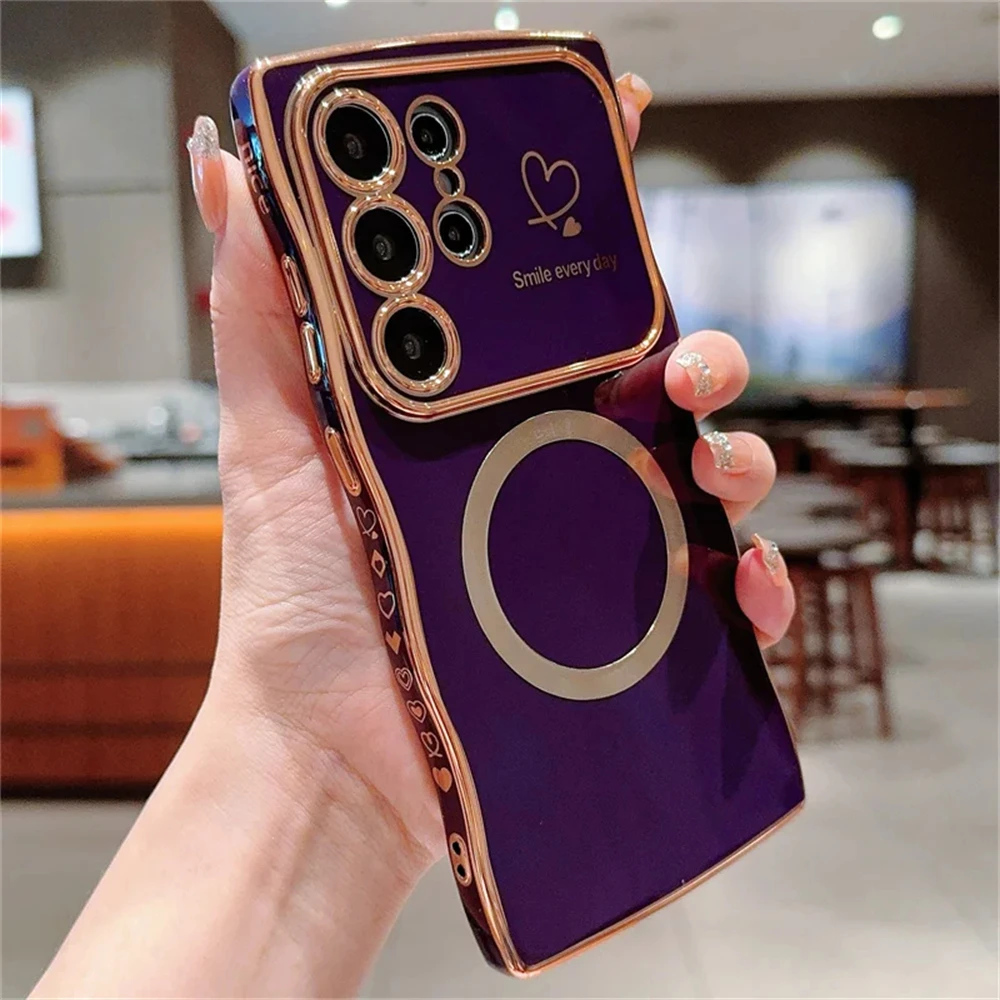 Wave Electroplated Love Heart Magnetic Phone Case with Soft TPU Cover
