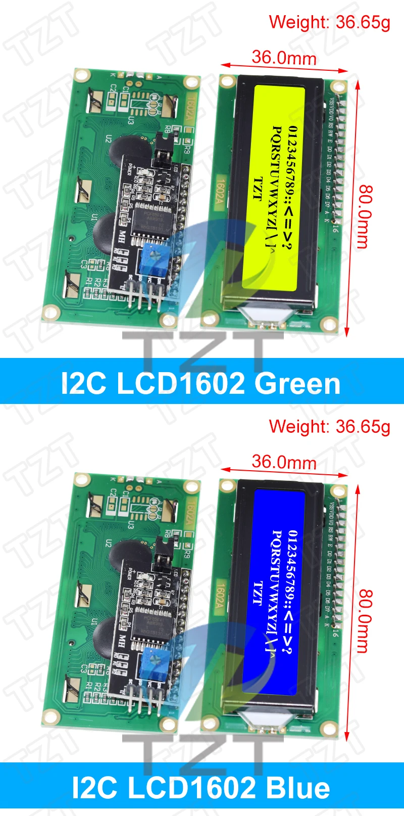 LCD1602 1602 LCD-Modul Blau/Gelb Grüner Bildschirm 16x2 Zeichen LCD-Display PCF8574T PCF8574 IIC I2C-Schnittstelle 5V für Arduino – Detail 7