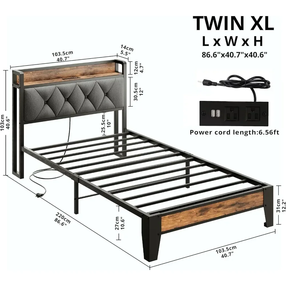 Twin XL Size Bed Frame, Storage Headboard with Outlets, Sturdy and Stable, Easy To Install, No Noise, Bed Frame 2