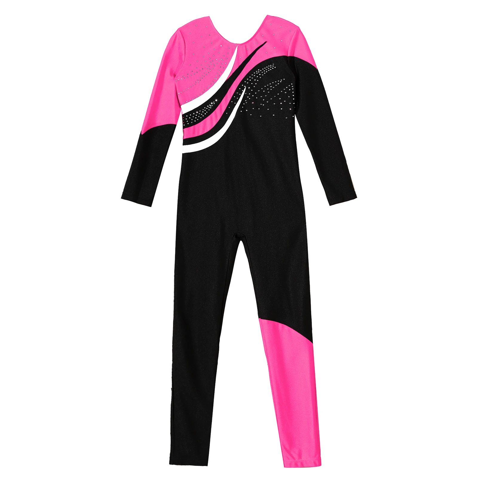 Children Gymnastics Jumpsuits Kids Girls Long Sleeve Shiny Rhinestone Contrast Color Ballet Dance Leotards Skating Jumpsuit children dance leotards