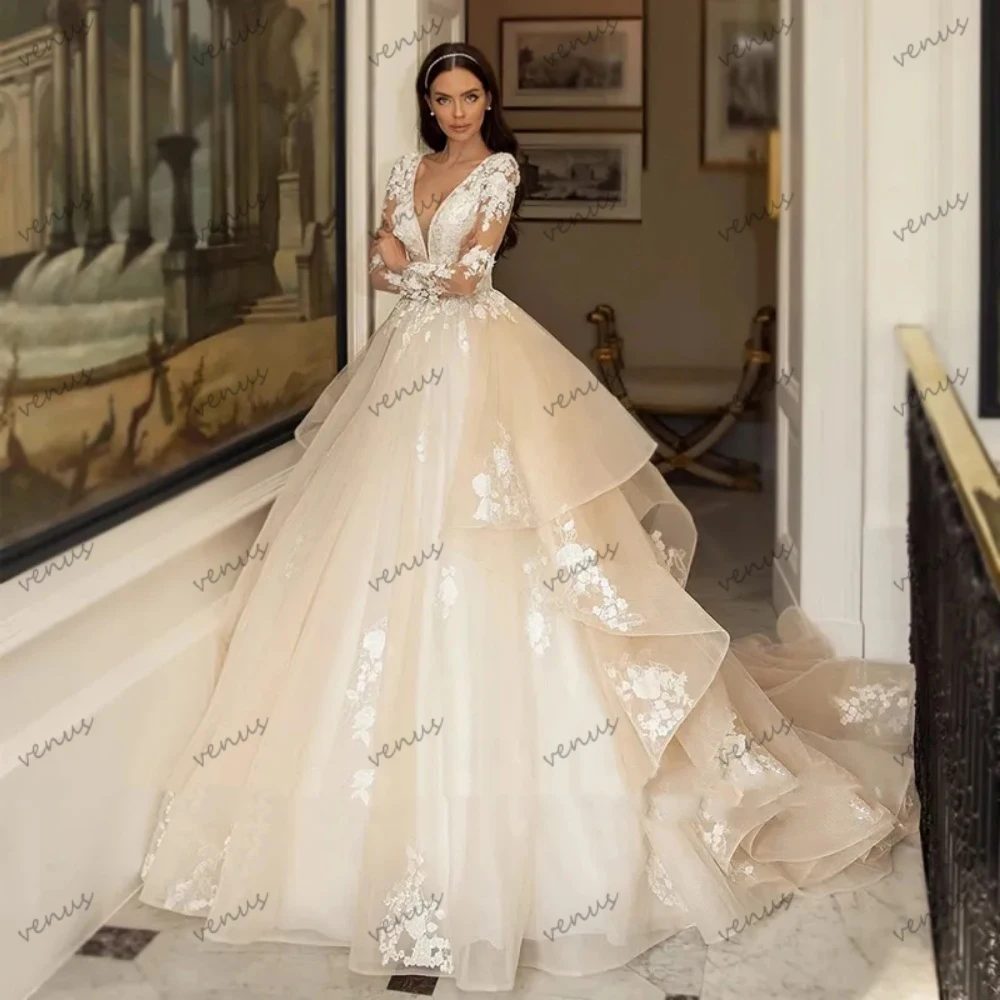 Exquisite Wedding Dresses A-Line Tulle Tiered Bridal Gowns Lace Appliques Full Sleeves Glamorous Vestidos De Novia Customized 4
