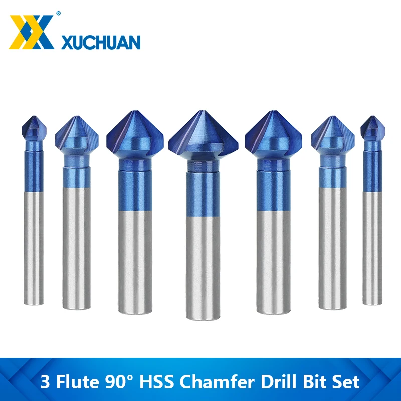 6pcs 3 Flute 90 Degree HSS Chamfer Drill Bit Set 6.3-20.5mm Countersink Drill Bit Set Nano Blue Coated Chamfer Cutter Tool