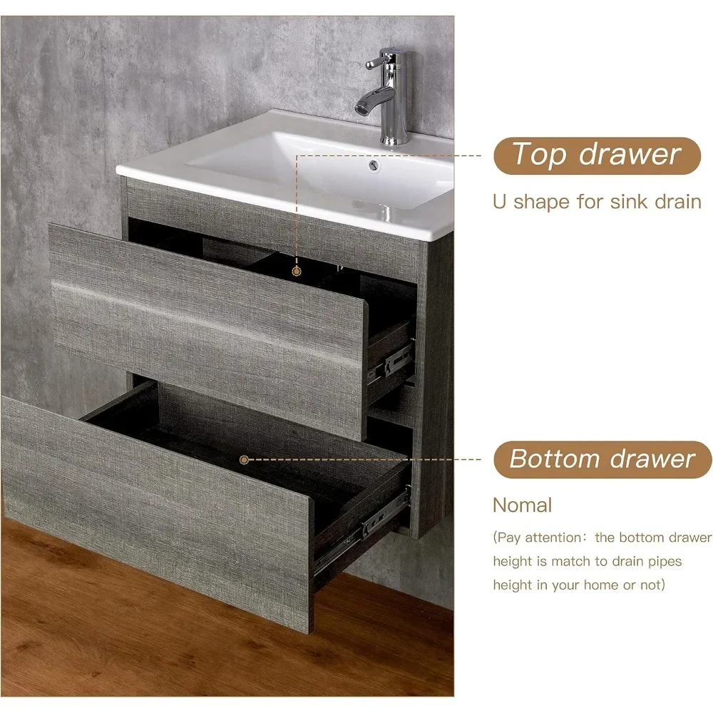 Wall Mounted Bathroom Vanity with Sink Floating Vanity Two Drawers Bathroom Cabinet with Ceramic Integrated Sink 3