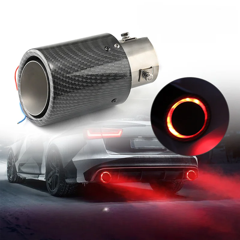 Exhaust Pipe Tip Tail Pipe Muffler 63-65mm Carbon Fiber Color Car Exhaust Muffler Pipe Tip with LED Light