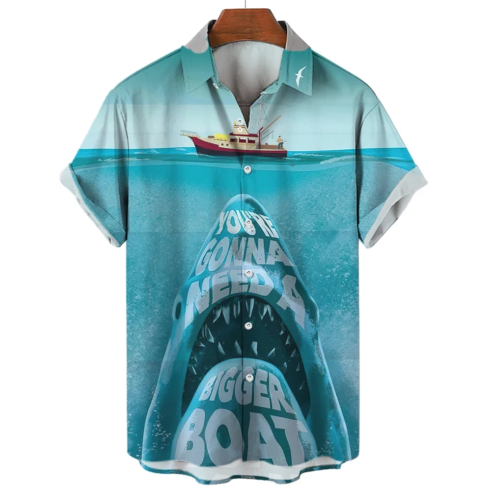 

New Summer Men'S Shirt Fashion Shark Print Tees Funny Shirt Street Casual Short Sleeve Clothing Beach Resort Attire Oversized