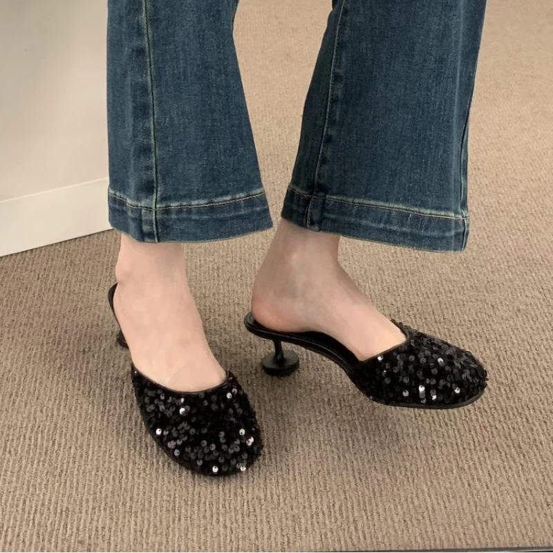 

BCEBYL летние сандалии с круглым носком на шпильке с блестками, Новая Модная элегантная повседневная женская обувь