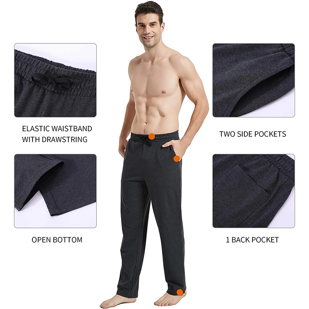 Men's Cotton Yoga Lounge Pants Open Bottom Running Joggers Loose Fit Athletic Sweatpants with Pockets Large Size Comfortable