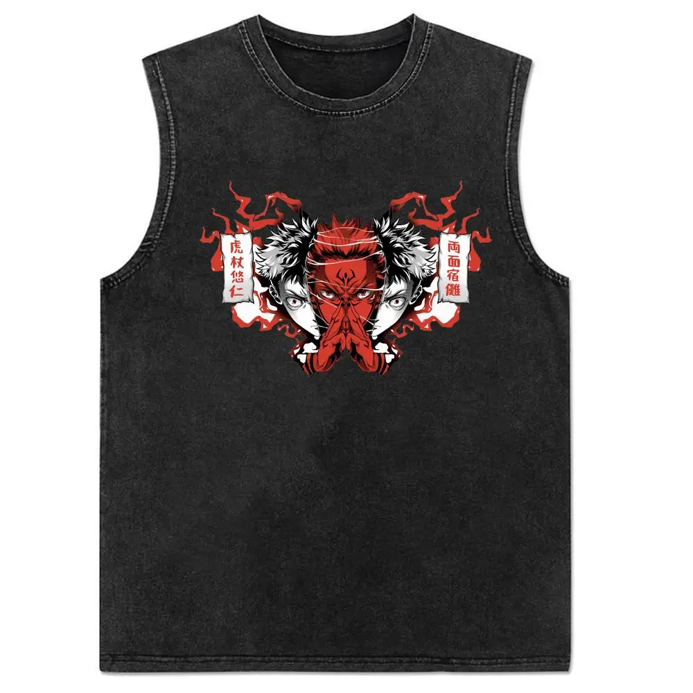 2024 New Vest Summer, Spell Back To War, Anime Printed Cotton Vest Men's Washed Retro Sleeveless T-shirt Ins