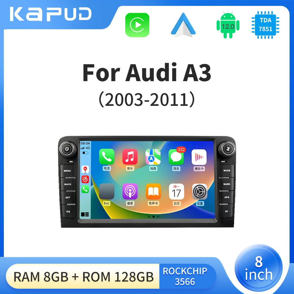 

Kapud 8'' Android 12 For Audi A3 8P S3 RS3 Sportback 2003-2012 CarPlay AUTO SWC GPS Navigation Car Multimedia Radio Player