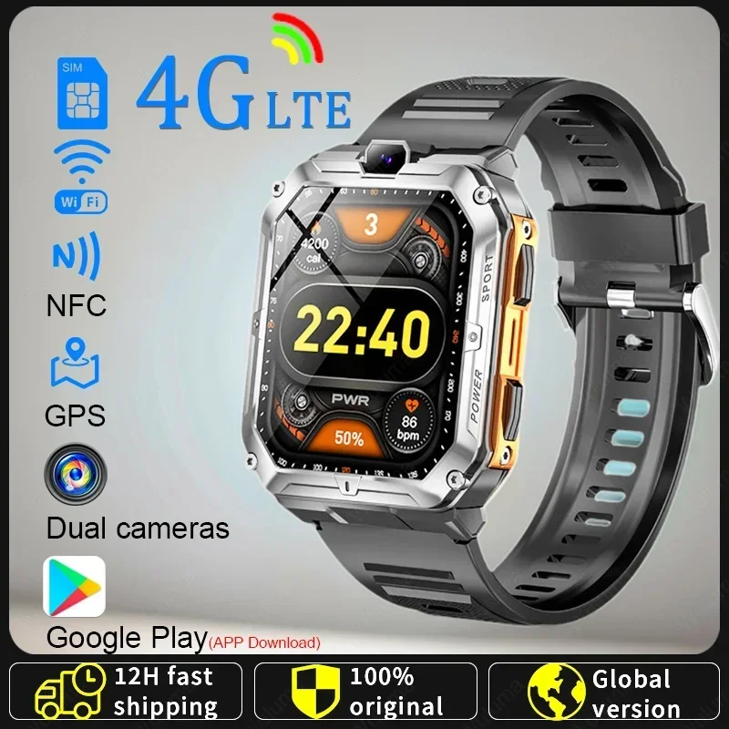 

4G SIM Card Smartwatch Dual Cameras Rugged 1.96" GPS Wifi NFC Google Play IP67 Heart Rate Fitness Android Smart Watches for Men