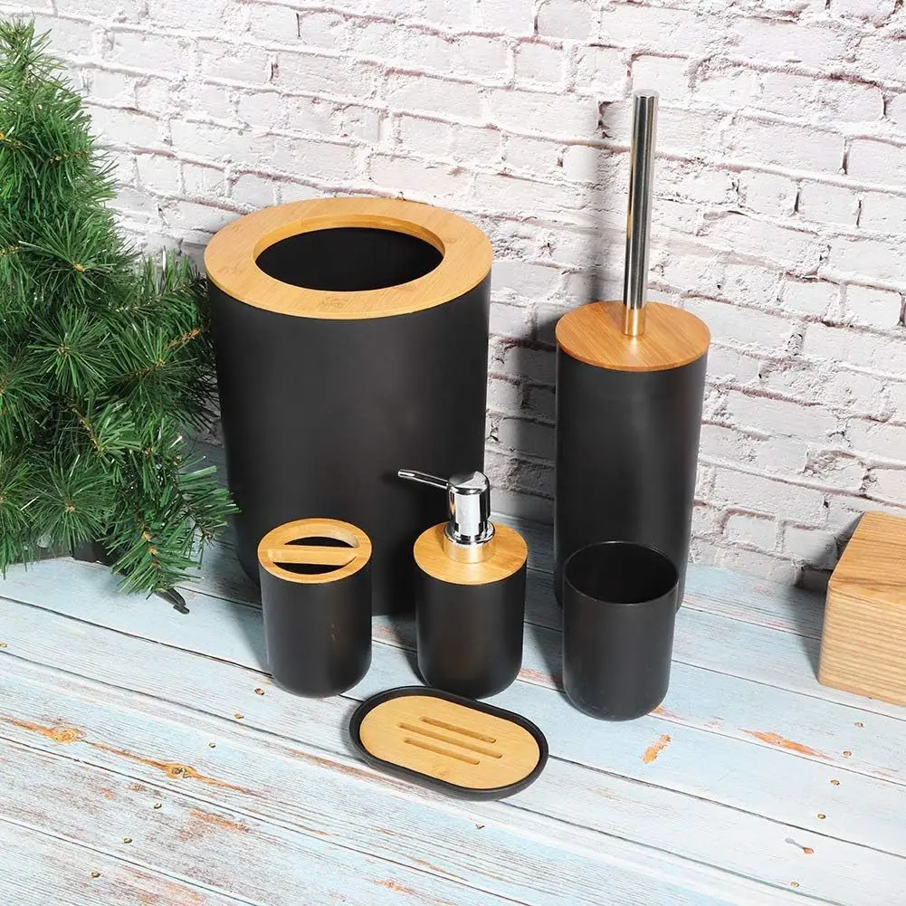 Bathroom Washing Bamboo Six-Piece Set Lotion Pump Toothbrush Cup Soap Box Trash Can