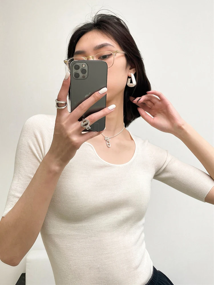 

CamKemsey Summer Thin Knitted Short Sleeve Tees For Women Styliish Irregular Collar Sexy Party Slim Tops 2022