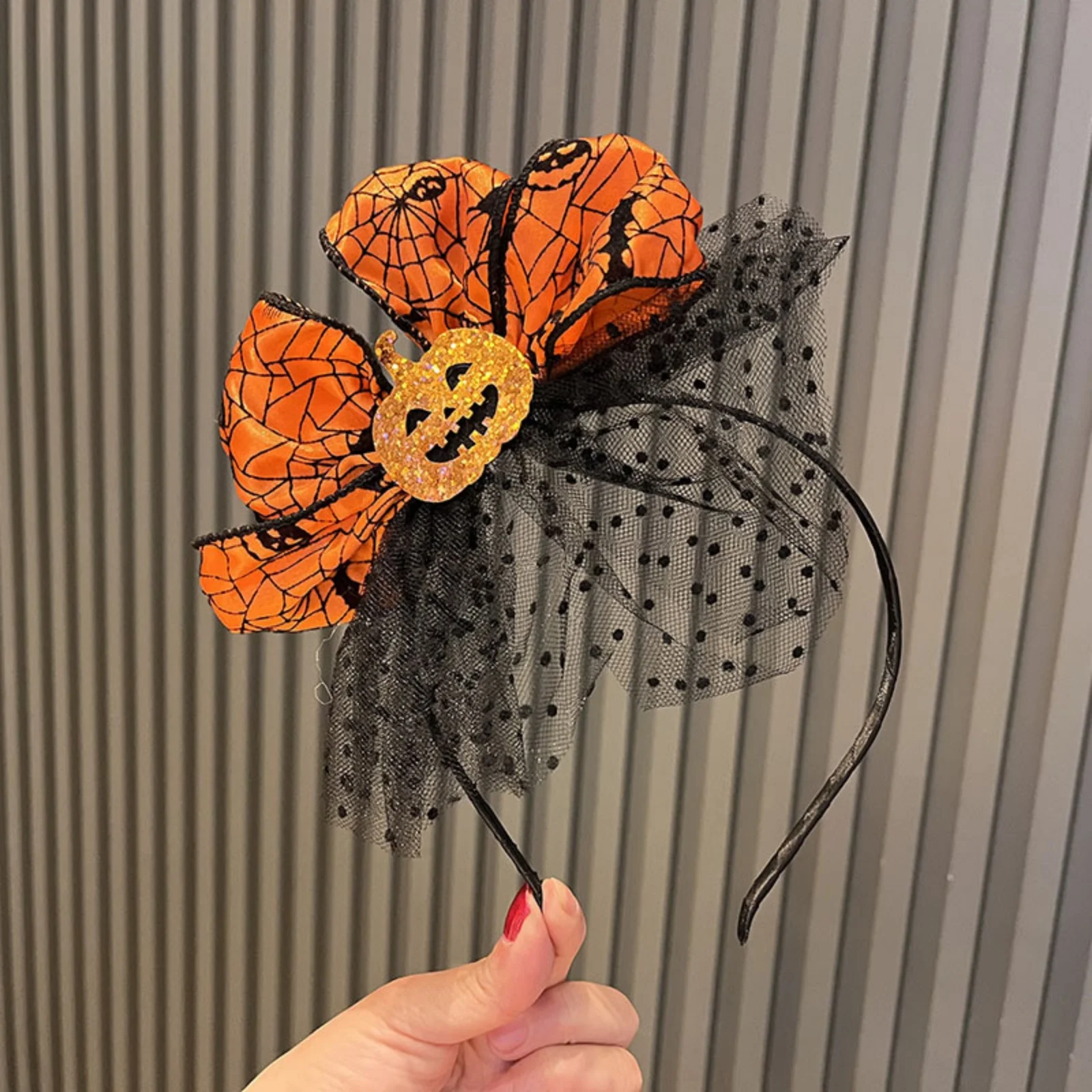 1PC  Halloween Themed Headband, Orange Pumpkin Bow With Spider Web & Black Mesh, Festive Hair Decor