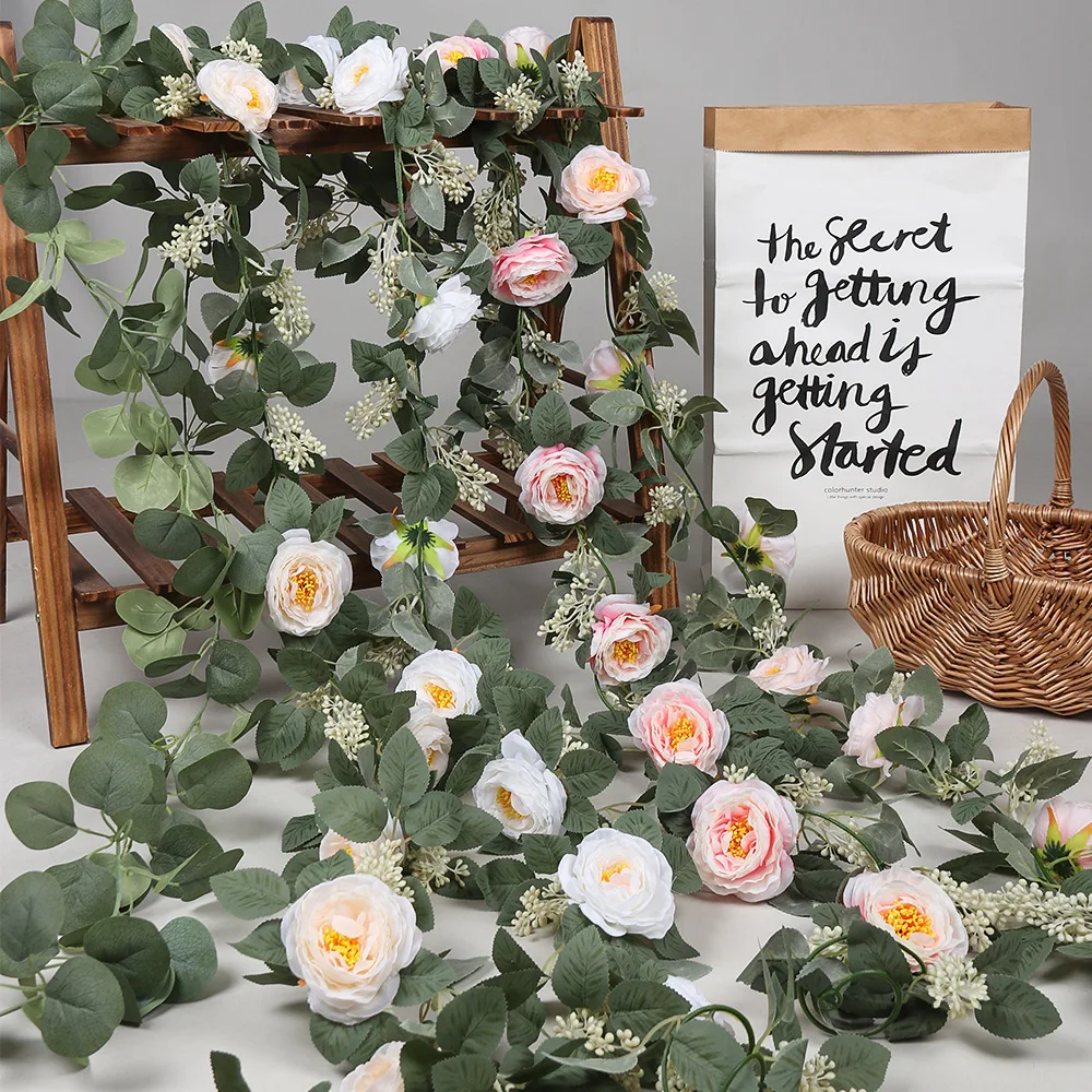 

2pcs/bag Artificial Roses Flowers Plastic Green Plants Rattan for Livingroom Wall Hanging Greenery Ceiling Plant Home Decoratio