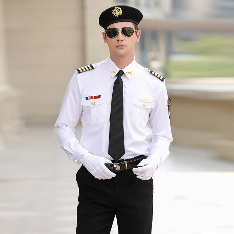 New Security Work Clothes Long Short Sleeved White Shirt Men Captain Pilot Uniform Business Casual Ceremonial Costumes 1pair white gloves cotton work gloves etiquette ceremonial quality jewelry inspection driver gloves