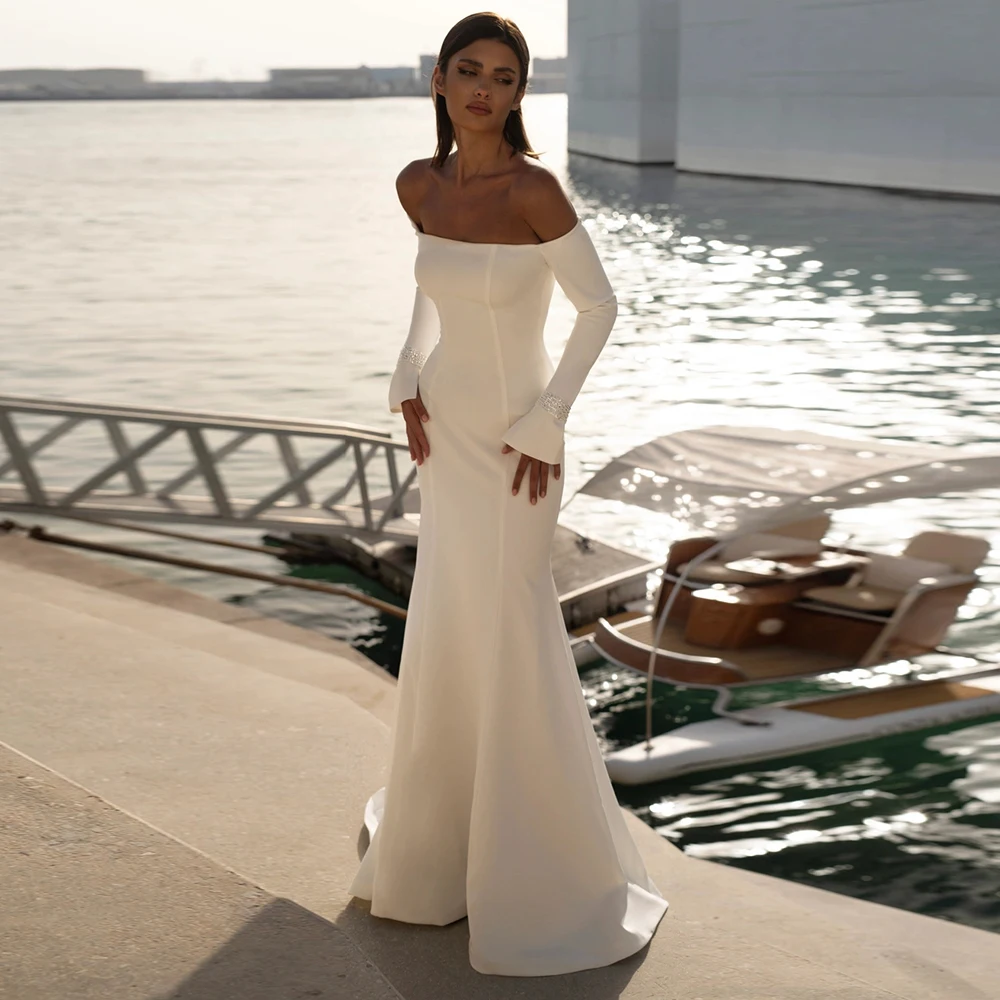 

Classic Satin Wedding Dresses With Straight Shoulder For Woman Simple Lvory Bridal Gowns With Full Sleeves New Vestido De Novia