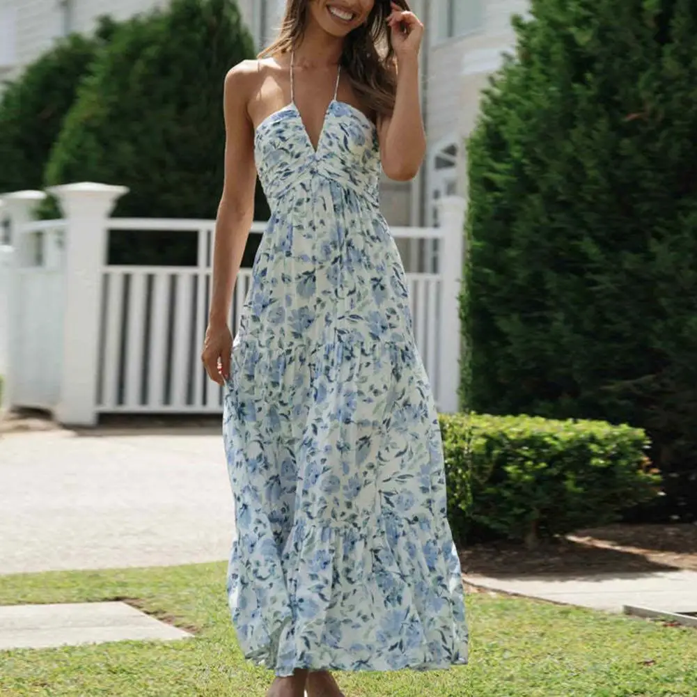 

Women Halterneck Dress Floral Print Halter Maxi Dress for Women Vacation Beach Sundress with Off Shoulder Design Pleated