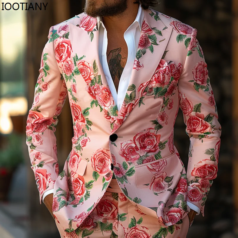 Chrysanthemum Rose Print Men's Flower Suit Business Casual Office Outdoor Classic Suits Party Stage Nightclub Cool Jacket & Pant