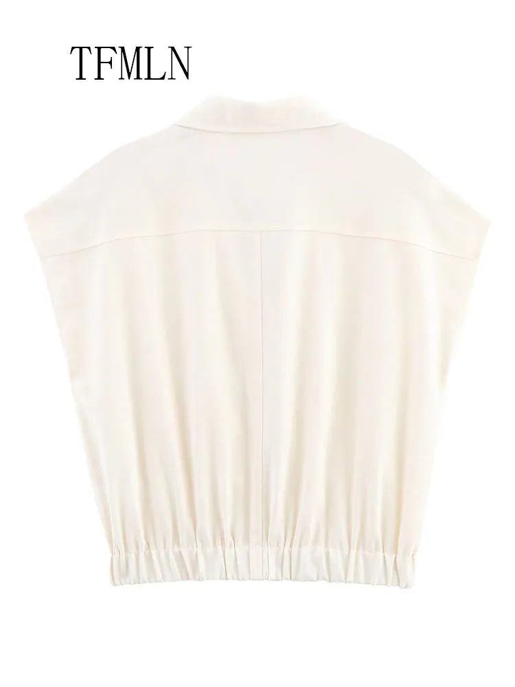 TFMLN Summer Chic Casual Women Solid Zipper Tops 2025 New Lapel Pockets Sleeveless Short Vest Fashion High Street Cropped Tops