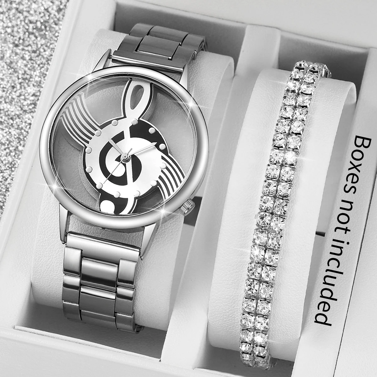 2pcs/set Women Stainless Steel Musical Note Quartz Watch with Diamond Bracelet