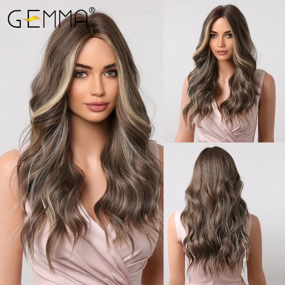 

GEMMA Long Brown Wavy Synthetic Wig Highlight Blonde Gray Middle Part Wigs for Women Cosplay Daily Wig Heat Resistant Fiber