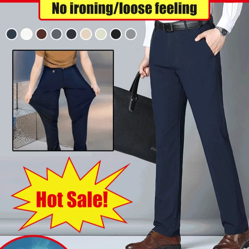 Ice Silk Stretch Men's Casual Pants Summer Pants Fabric Middle-aged Stylish Comfortable Men's Dad Everyday Wear