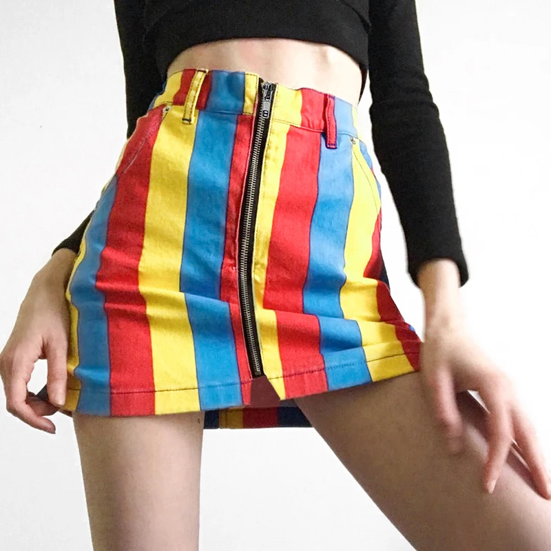 Fahion High Waist Slim Rainbow Striped Women Skirts 2020 Summer New Vintage Streetwear Zipper Skirt Korean A-Line Faldas Mujer leather skirt