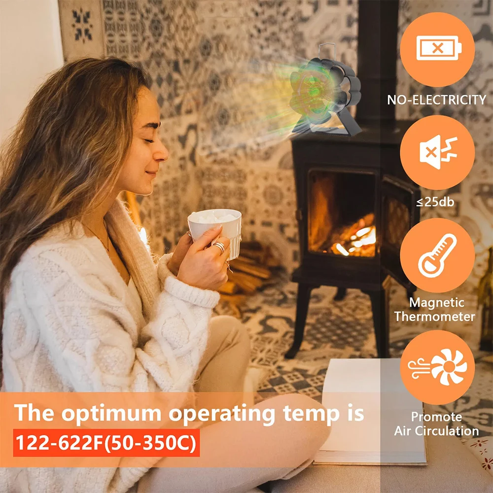 Heat Powered Stove Fan Eco Quiet 6 Blades Log Wood Burner Fireplace Fan Winter Warmer Home Efficient Heat Distribution stove fan