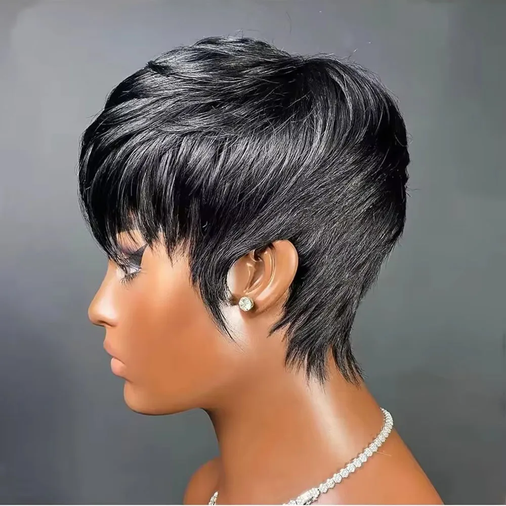 Parrucca Pixie Cut in capelli umani, parrucche bob corte in veri capelli umani, parrucche Pixie realizzate a macchina per donne, taglio corto a strati, parrucche lisce - immagine 3
