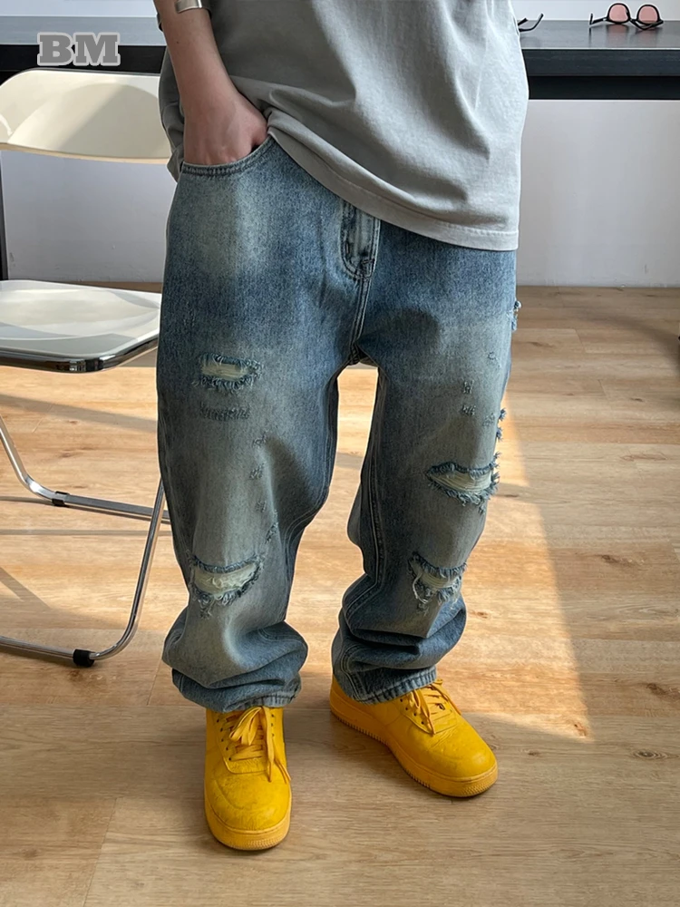 

Korean Streetwear Skateboard Ripped Jeans Kpop Men Clothes Hip Hop Denim Cargo Pants Harajuku Fashion Casual Baggy Trousers Male