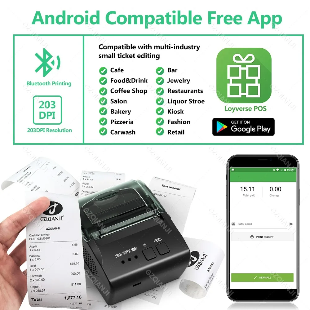 Bluetooth USB Thermal Receipt Ticket Bill POS Printer Mini Portable Mobile Print 58MM Machine Wireless Printing for Retail Store