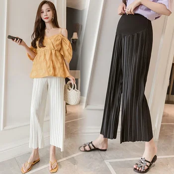 2024 Maternity Folds Stright Pants Spring Autumn Clothes For Pregnant Women Out Wear Fashion Solid Casual Pregnancy Trousers