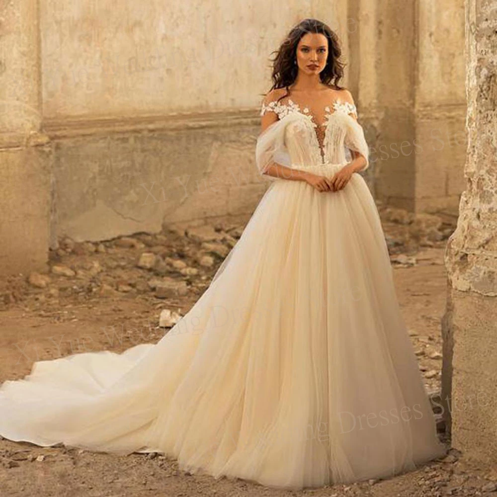 

Beautiful Exquisite Sweetheart Wedding Dresses A Line Off The Shoulder Lace Appliques Princess Bride Gowns Tulle Floor-Length