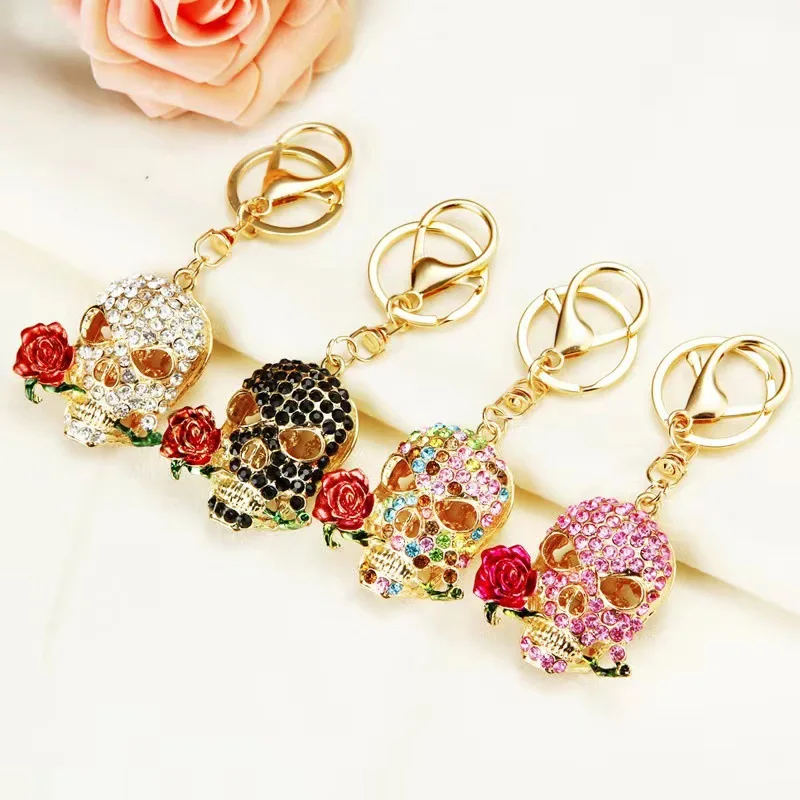 Halloween ghost key chain with diamonds and roses skeleton car ornament pendant keychain for women