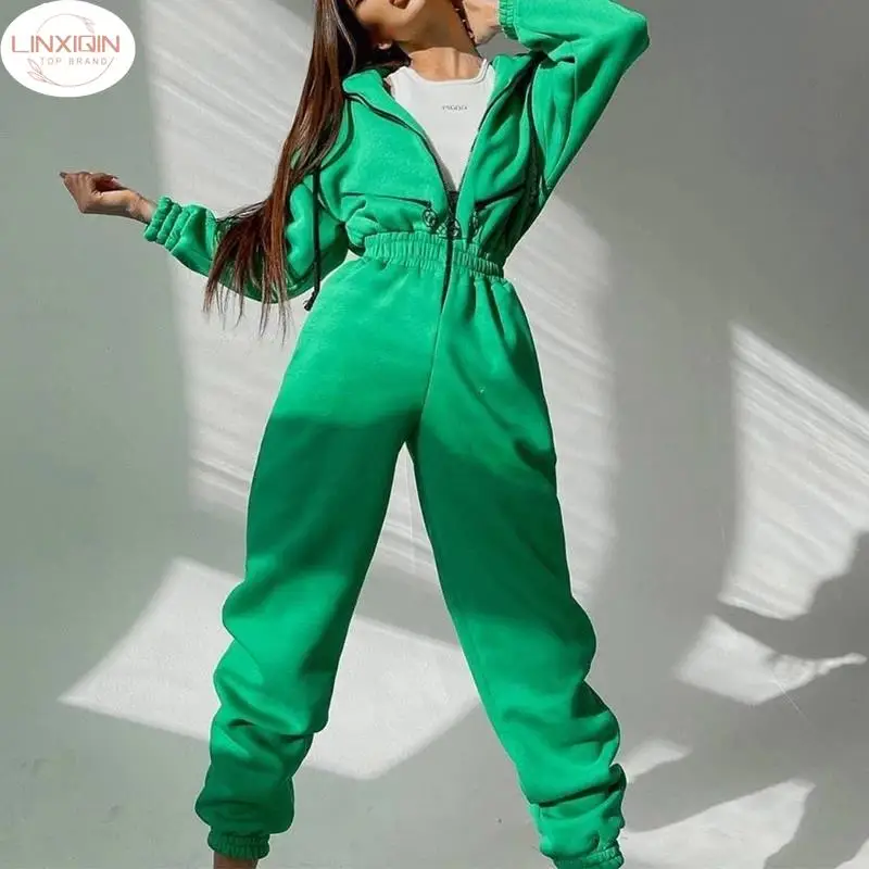 

LINXIQI Fleece Hoodie Jumpsuits Women Autumn Winter Casual Zipper Drawstring Hooded Playsuit Female One Piece Rompers Tracksuits