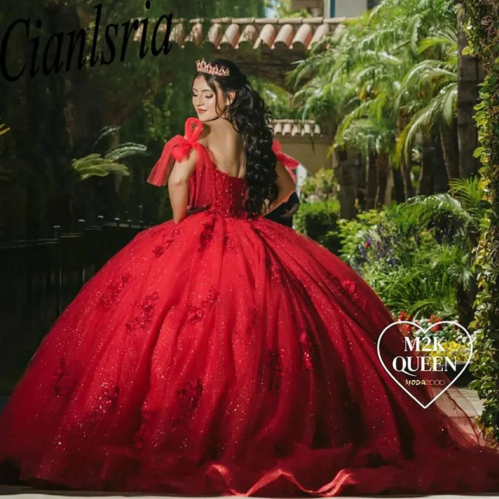 

Red Glitter Crystal Off The Shoulder Quinceanera Dresses Ball Gown Beading Appliques Lace Princess for Sweet 15 Birthday Party