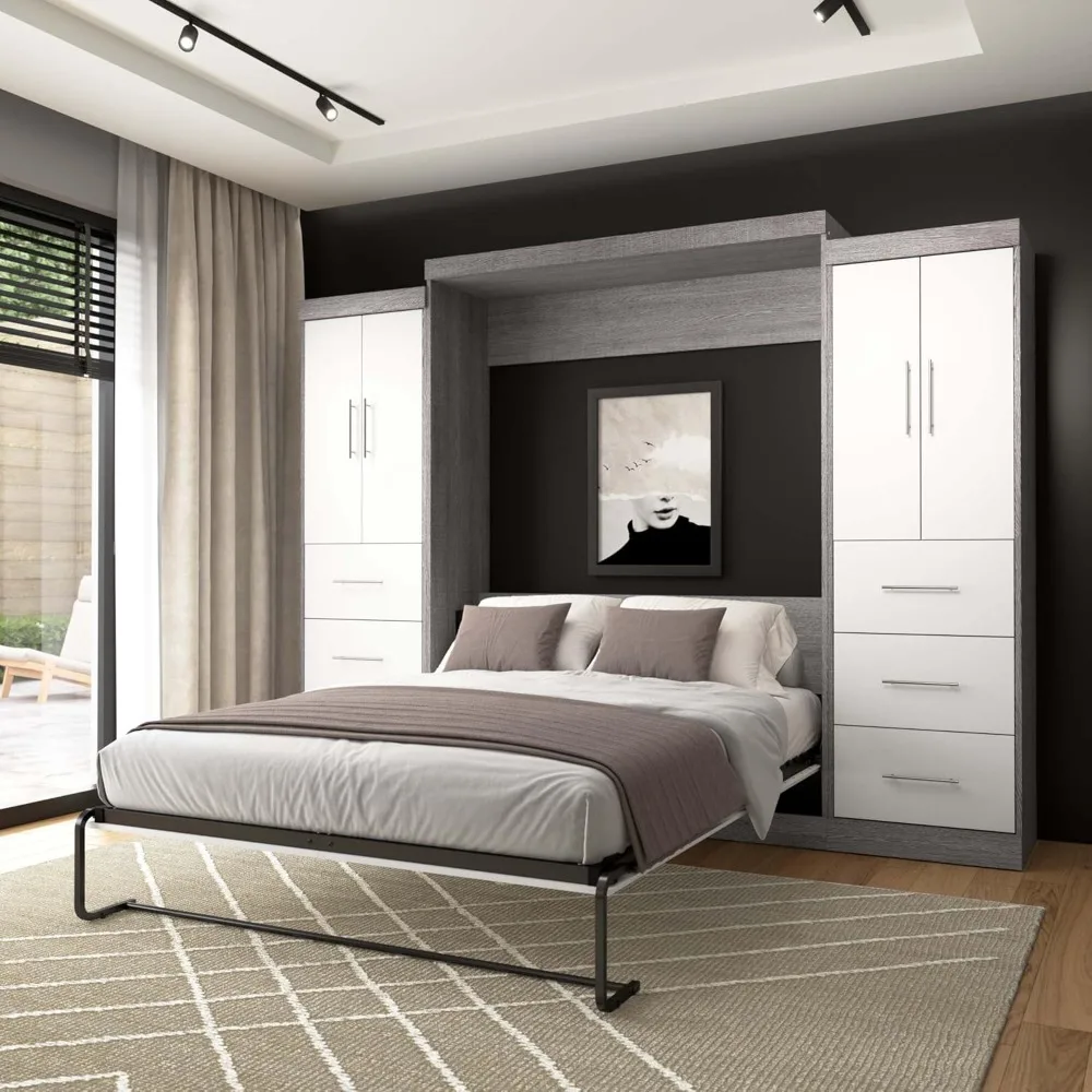 Nebula Queen Murphy Bed with 2 Wardrobes (115W) in Bark Gray, Sleeping Arrangement and Closet Organizers for Multipurpose 2