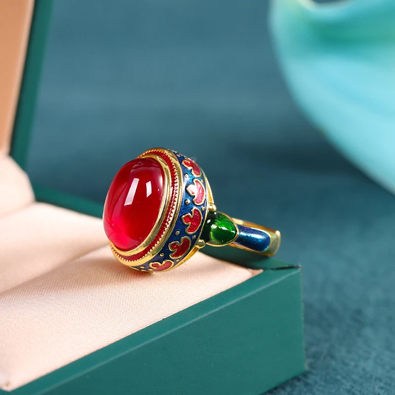 Original ancient gold craftsmanship natural carnelian rings for women flower enamel national style light luxury Wedding jewelry wedding rings golden ring gold rings