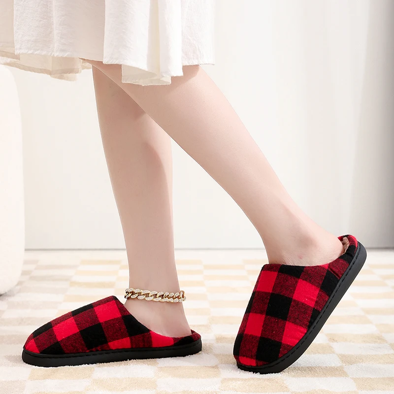 Classic Women Black Red Plaid Cotton Slippers Non-slip Winter Checkered Retro Christmas Gift Indoor Slides Home Cotton Shoes 2