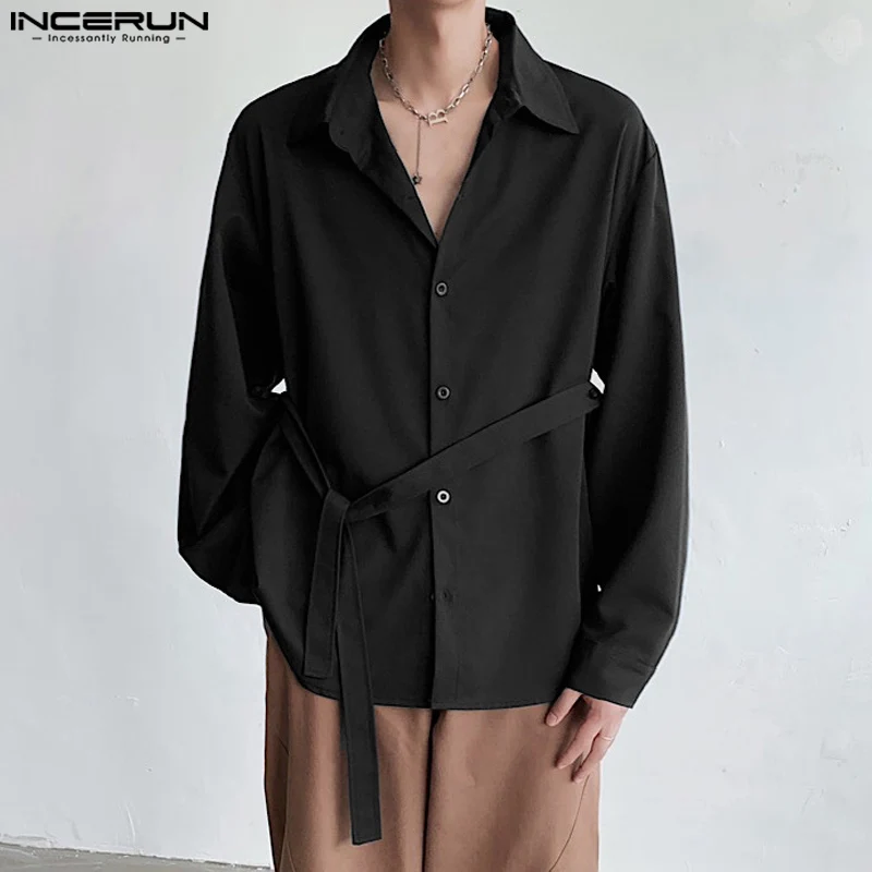 

Рубашка INCERUN Мужская однотонная с отложным воротником и длинными рукавами, модная повседневная Уличная одежда свободного покроя на шнуровке в Корейском стиле, 2023