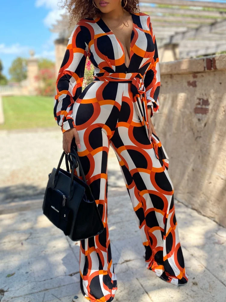 Women Print Wide Leg Jumpsuits Casual Geometric Patterns Long