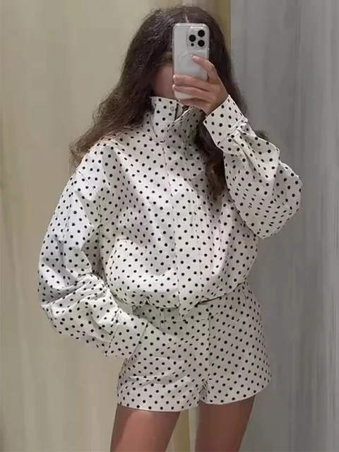 Fashion Polka Dot Shorts Sets For Women 2025 Autumn Drawstring Bomber Jacket High Waist Shorts 2 Pieces Set Woman Outfits