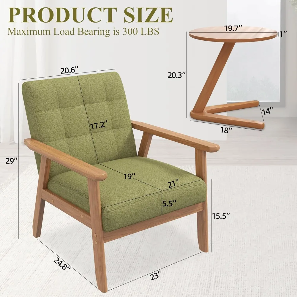 Accent Chairs Set of 2 with Side Table, Mid-Century Modern Leisure Chairs with Coffee Table, Retro Wood Armchair, Comfy 2