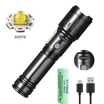 21700 충전식 배터리, 알루미늄 합금 텔레스코픽 줌 손전등, USB 충전, 고휘도 장거리 야외, 6800mAh P70