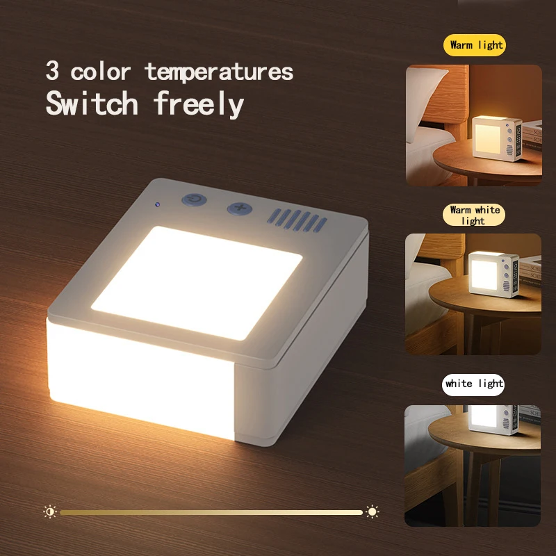 The Night Light Clock SpyCam, a compact LED light featuring buttons and three color temperature settings—warm light, warm white light, and white light—is displayed on a wooden surface, discreetly equipped with 1080P HD recording capabilities.