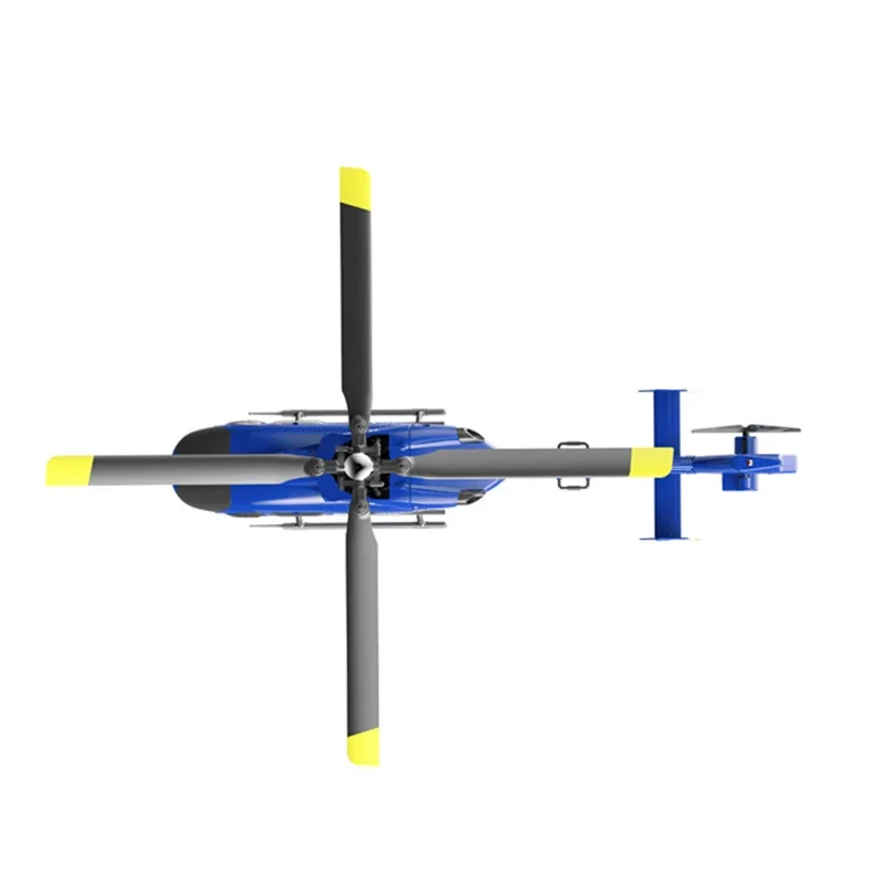 Hélicoptère RC EC135 télécommandé posé sur une surface, modèle de collection réaliste pour adultes et enfants.