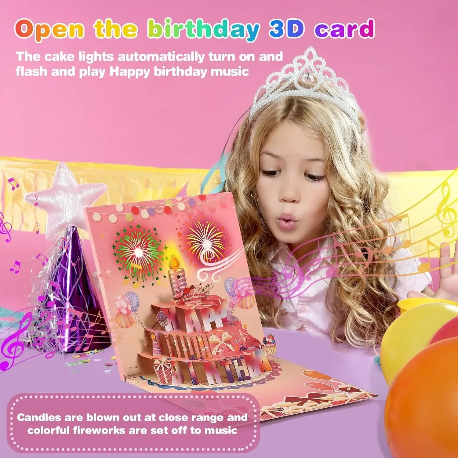 3D Pop Up Blowable Birthday Card with Lights Music Happy Birthday Card Firework Cake Greeting Gift for Wife Mom Kids greeting cards
