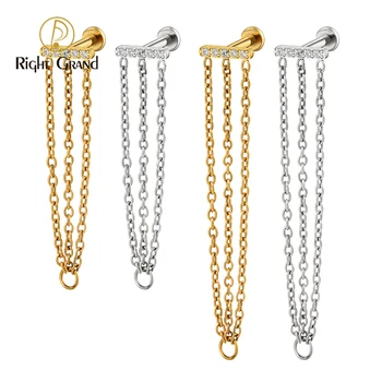 Right Grand ASTM F136 Titanium 16G Threadless Push Pin Three Elongated Chains Tassel T Shaped Conch Helix Cartilage Stud Earring