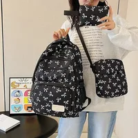 3Pcs Fashion Large Capacity Backpack Bow Print Adjustable Strap School Bag Nylon Travel Backpack Lazy Wind Floral Bow Rucksack